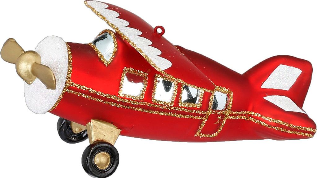 Christbaumschmuck Glas Flugzeug mit Propeller 12cm rot Produktbild 
