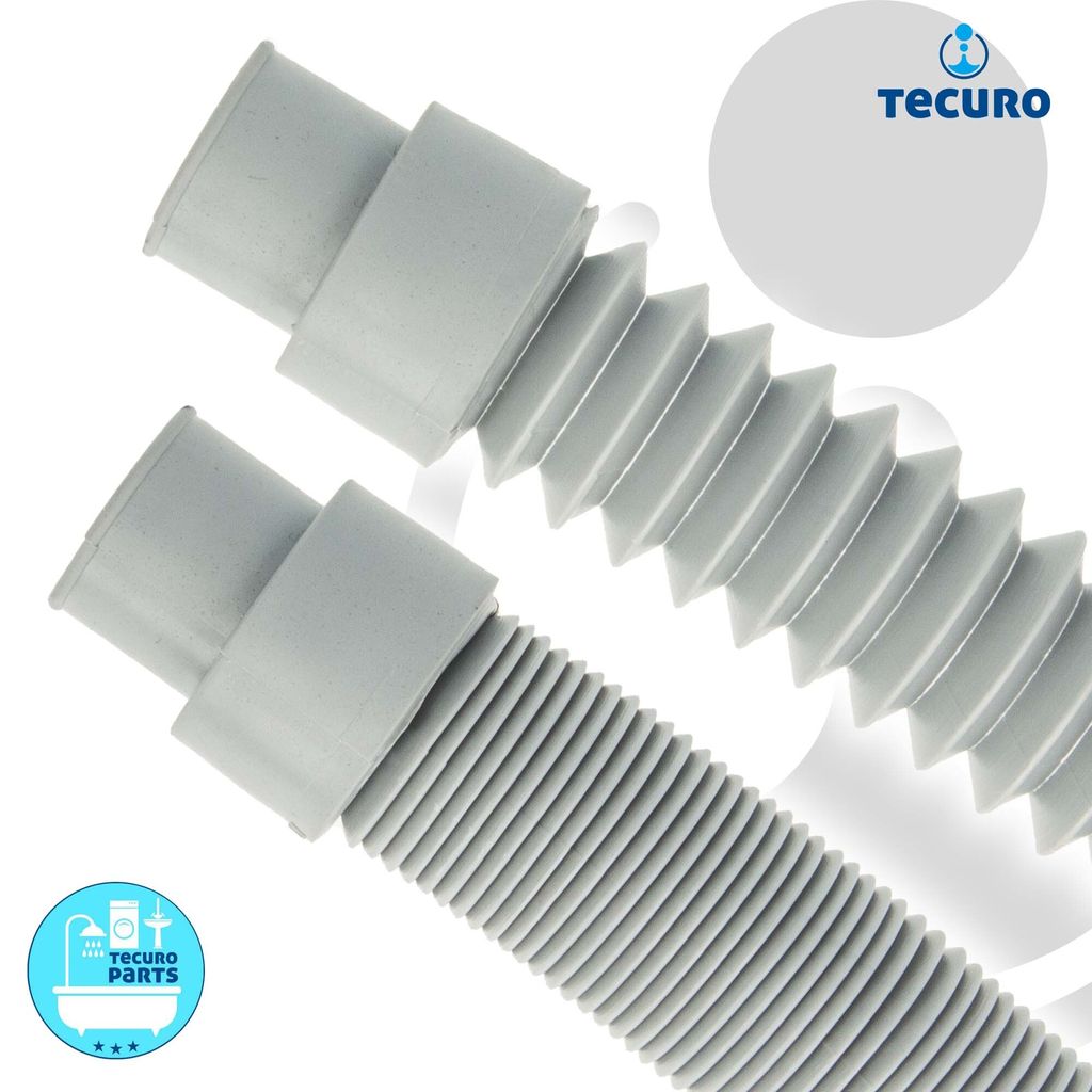 Two grey corrugated hoses are shown diagonally against a white background. A circular logo with the brand name 'TECURE' is in the upper right corner. A circular blue badge with icons of a bathtub, washing machine, and text 'TECURE PARTS' is in the lower le