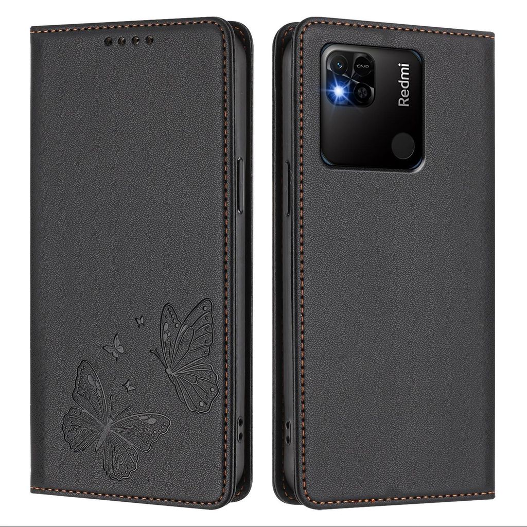 Lederhülle für Xiaomi Redmi 10A/Redmi 9C, Schmetterling Prägung Leder Brieftasche Schutzhülle mit Ständer Schwarz