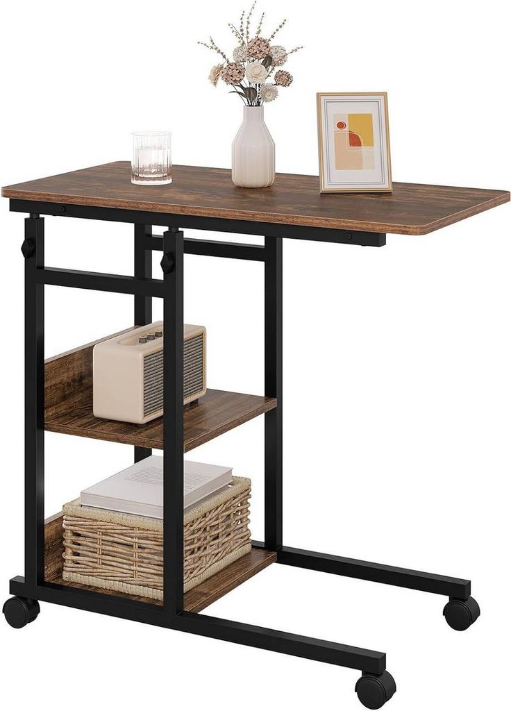 Verstelbare C-vormige Houtbank - In hoogte verstelbaar - Ruimtebesparend - Gemakkelijke mobiliteit - Vintage uitstraling - Zwart - 80 cm x (76-96) ...