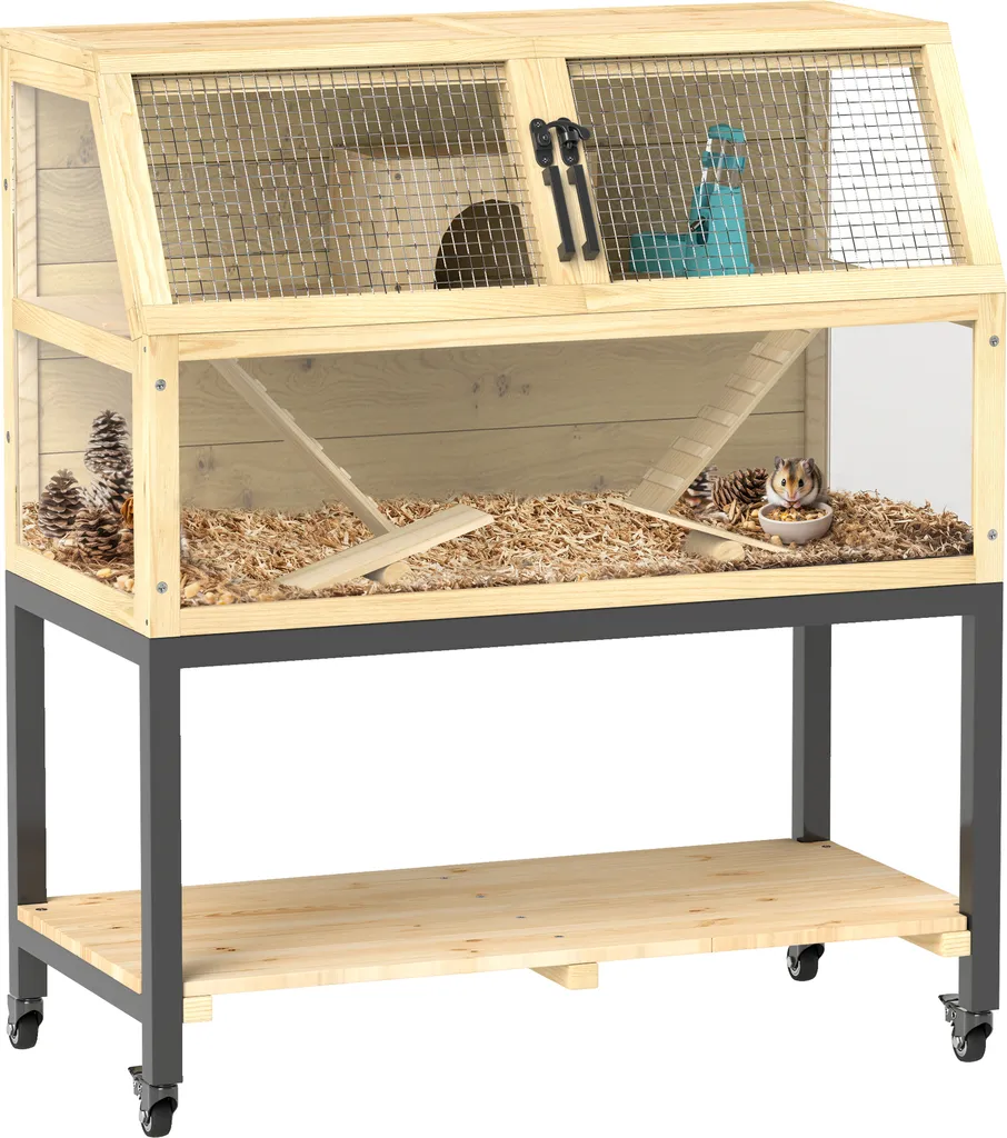 PawHut Cage Hamster Nain Bois 87x43x101cm avec Niche, Roues et Rampes