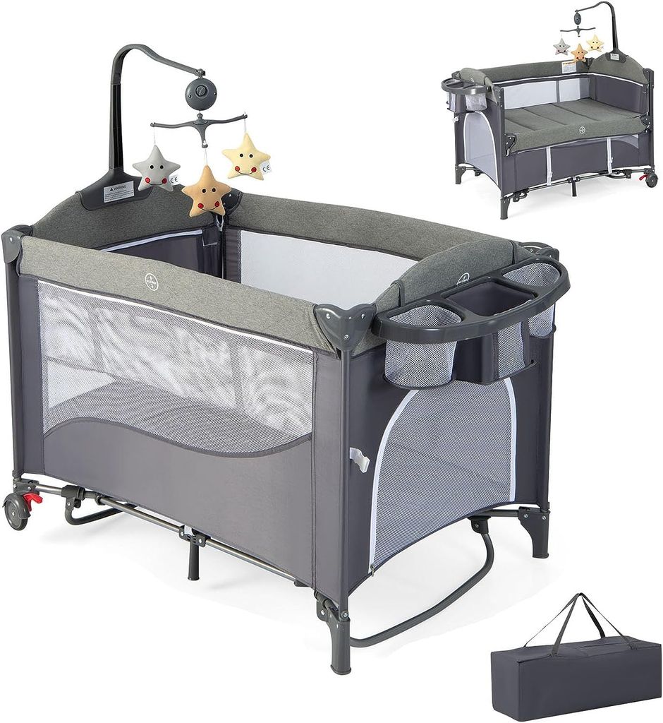 COSTWAY 5 in 1 Babybett, Reisebett Baby mit Matratze, Beistellbett höhenverstellbar mit Wickeltisch, Sicherheitsgurt, Spieluhr & Hängespielzeug, ...