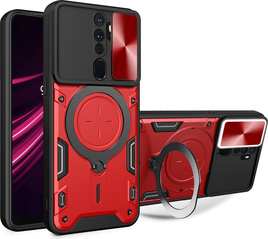 Handyhülle für Oppo A9 2020/ A5 2020 Dual-Layer Stoßfest Rüstung Hülle mit Dia Kameraschutz und Kreisförmig Ring Ständer Rot