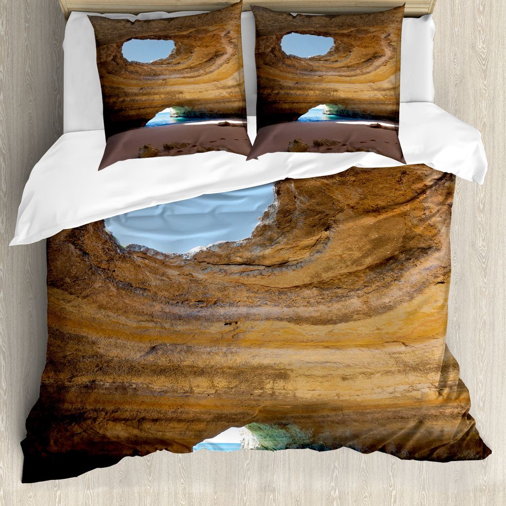 ABAKUHAUS Höhle Bettbezug, Seehöhle Benagil Portugal, Milbensicher Allergiker geeignet mit Kissenbezügen, 155 cm x 220 cm - 80 x 80 cm, Sand Bra...