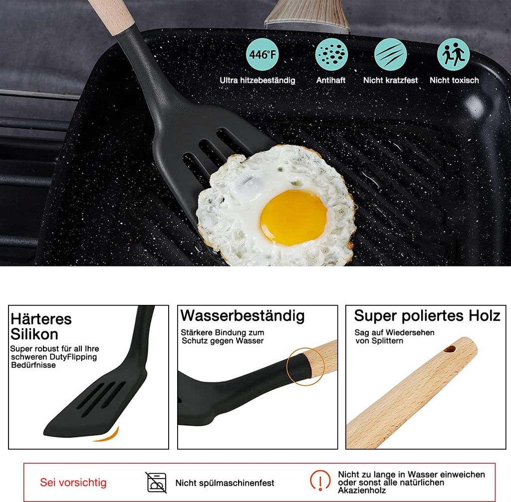 19-teiliges Küchenhelfer Set mit Holzgriffen, Edelstahl Schneebesen, Backzubehör, Käsemesser, BPA-frei