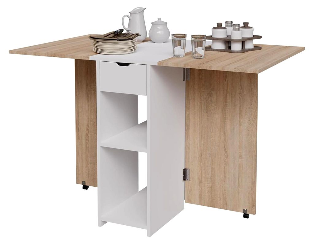 Faltbarer Esstisch für kleine Räume mit Schublade und doppeltem Regal - Platzsparend für Esszimmer und Küche - Zentrales Weiß und Tischplatte ...