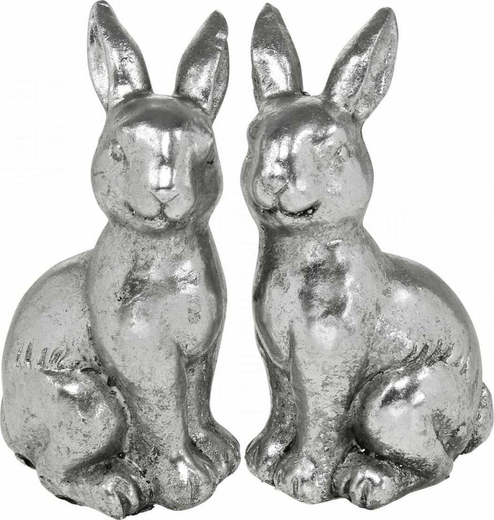 Deko Hase Silber Vintage Osterdeko Figuren 13cm 2er Set Polyresin Blickfang Frühling, 2 Stück