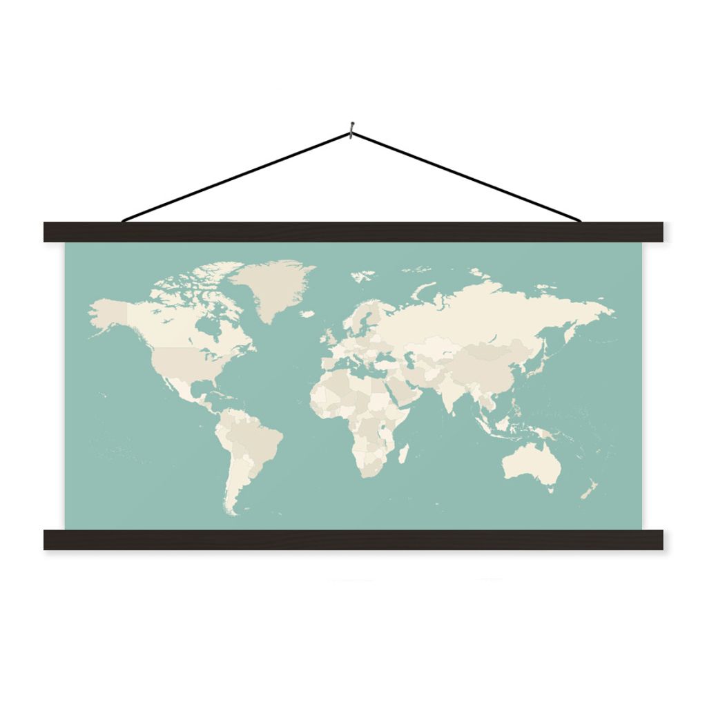 MuchoWow Textilposter Weltkarte - Kontur - Blau 150x75 cm mit schwarzem Rahmen - Posterleiste