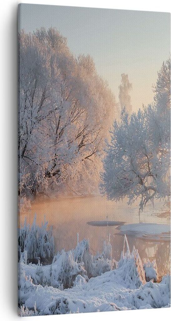 Bild auf Leinwand - Leinwandbild - Winter Schnee Fluss - 55x100cm - Wand Bild - Wanddeko - Leinwanddruck - Bilder - Kunstdruck - Wanddekoration - L...