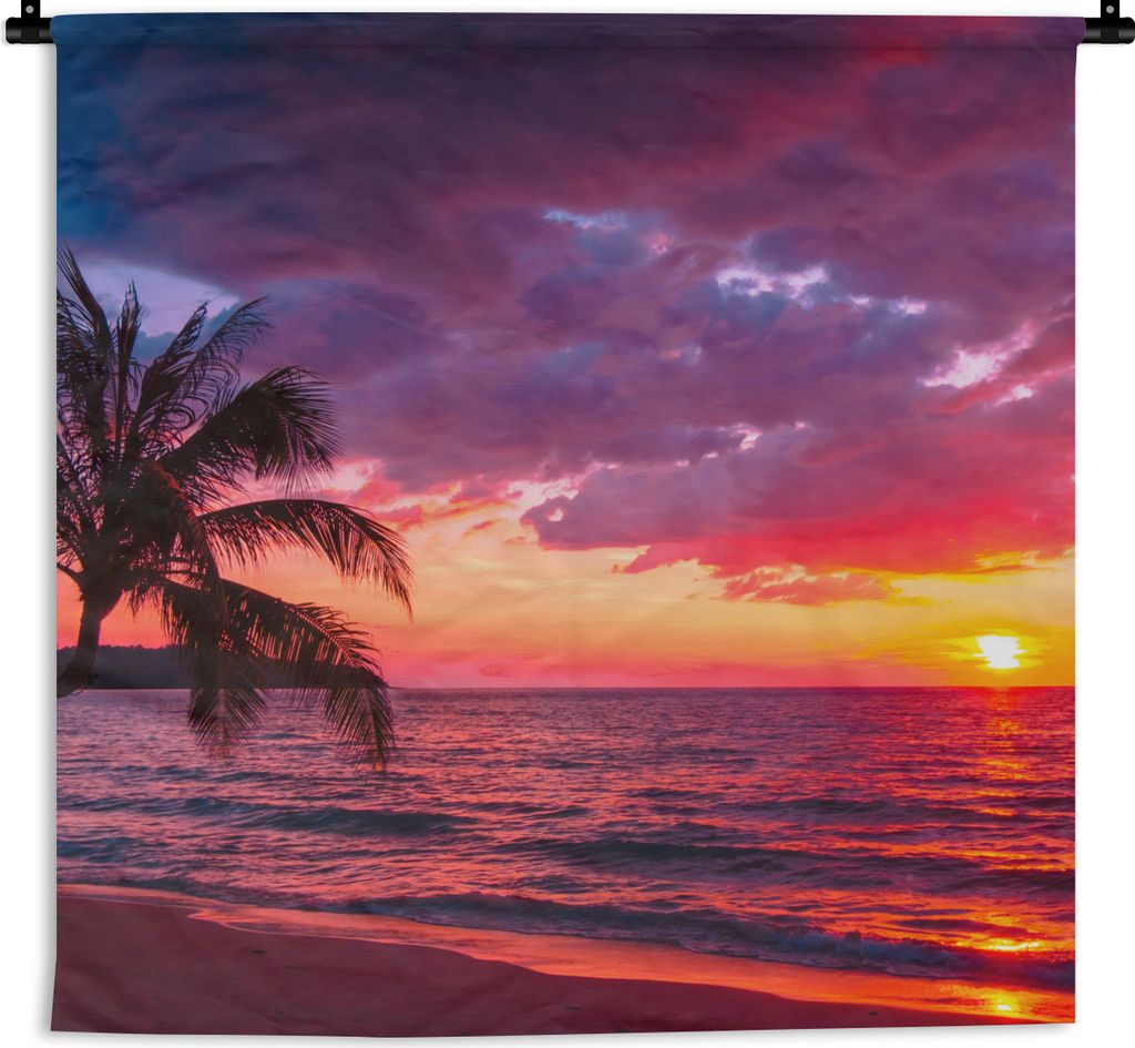 MuchoWow Wandteppich Wandbehang Sonne - Horizont - Rosa - Palme - Meer 60x60 cm Tapisserie Dekoration Wandtuch - Dekorationen - Wand Decke