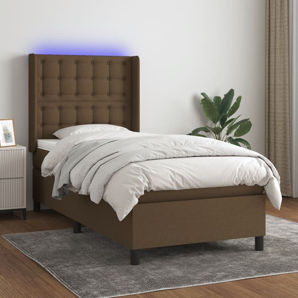 The Living Store Boxspringbett mit Matratze & LED Dunkelbraun 90x200 cm Stoff