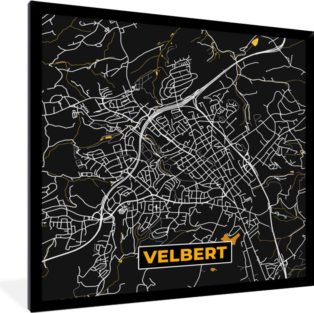 MuchoWow Gerahmtes Poster Velbert - Gold - Stadtplan - Karte - Deutschland 40x40 cm - Poster mit Schwarzem Bilderrahmen Wandposter Rahmen Foto Bi...