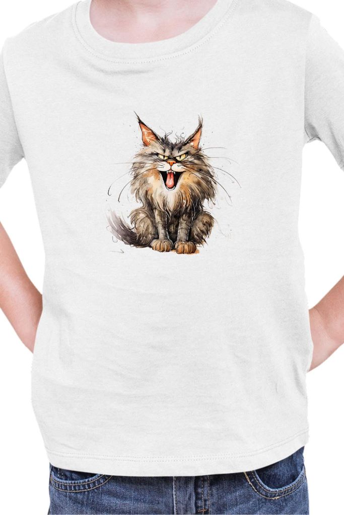 Kinder T-Shirt Funny Cats Breeds Maine Coon Cat 024, 7-8 Jahr - 128 / Weiß