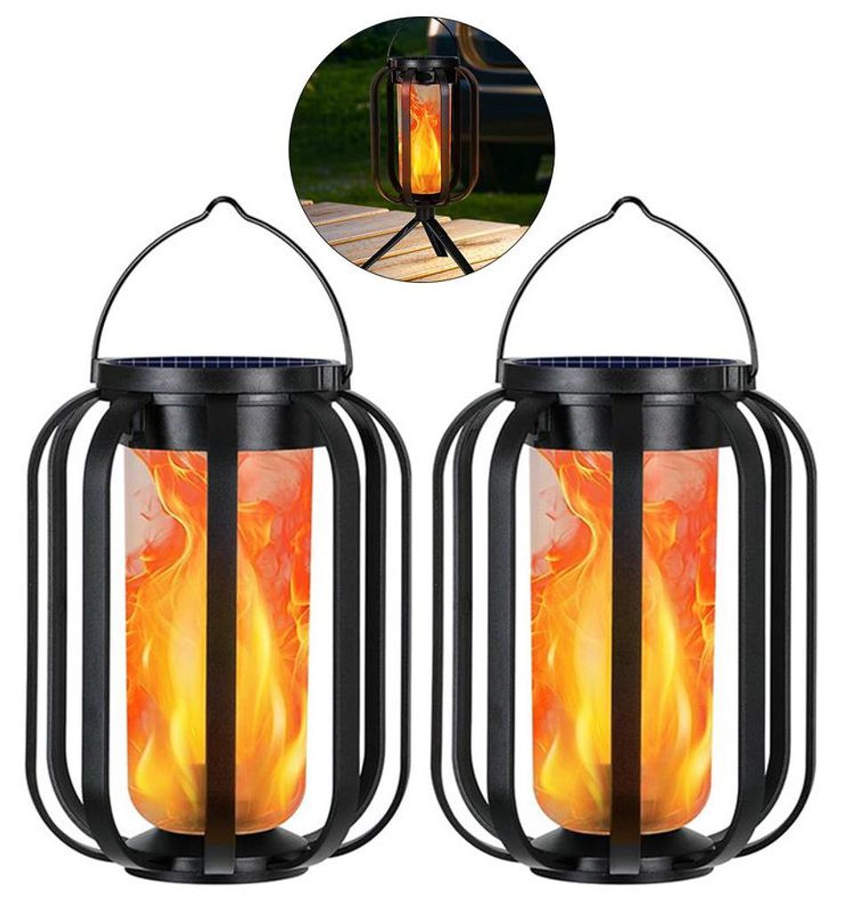 Outdoor Solar Laterne 2 Stück Flammenlicht warmweiß LED Gartenleuchte 12x16cm 4 Modi Dual Power für Camping Balkon Innenhof Dekoration