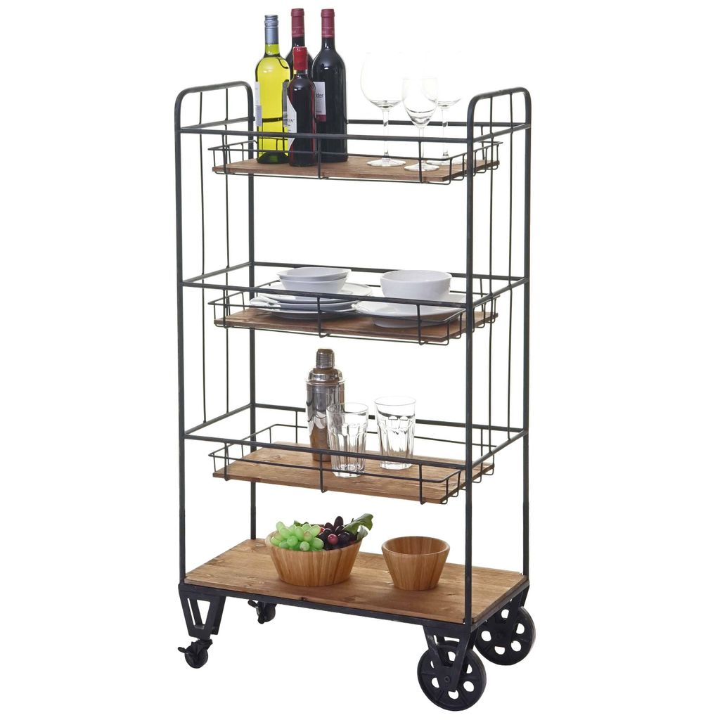 Servierwagen HWC-D78, Regal Küchenhelfer Barwagen Metallregal mit Hängekörben, 4 Ebenen Tanne Holz Vintage 120x67x32cm