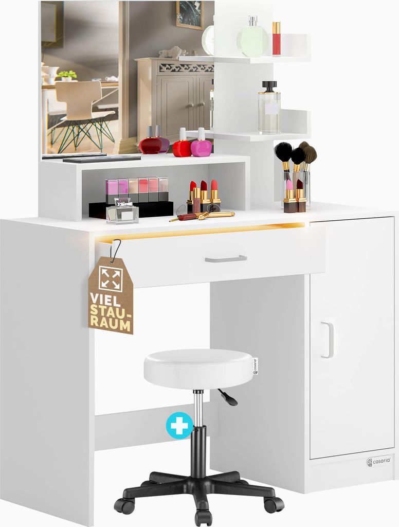 CASARIA Schminktisch Jocelyn mit Hocker LED-Beleuchtung Spiegel Schublade 3 Ablagen Make-up Kosmetiktisch Frisiertisch Schminkkommode Holz Weiß,...