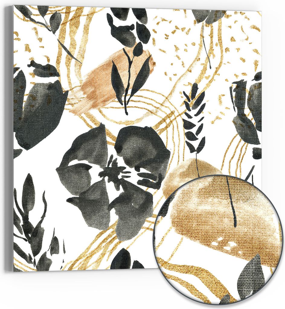 DEQOART Hybrid Leinwand Bild 50x50 cm 'Goldene Botanik' Wandbild Glas flach modern