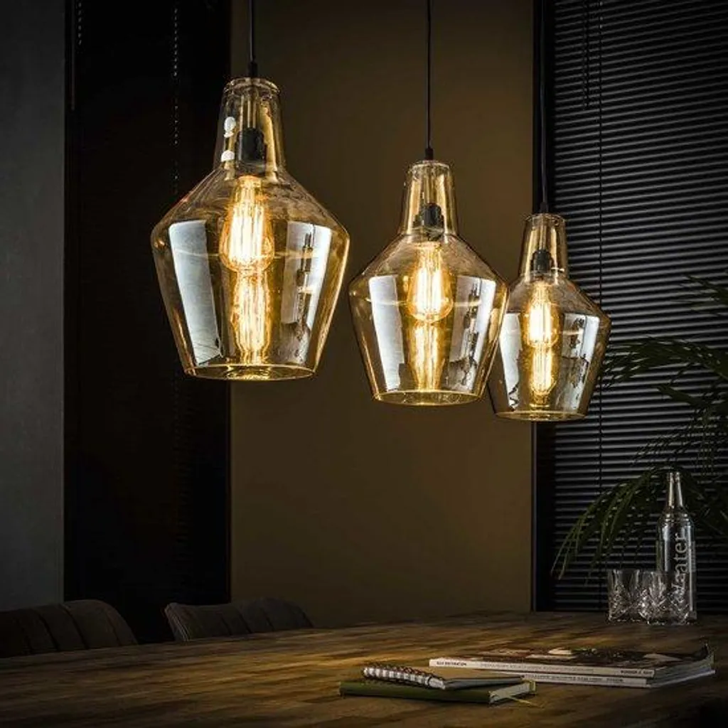 Lustre suspension triple style industriel en verre ambré et métal gris