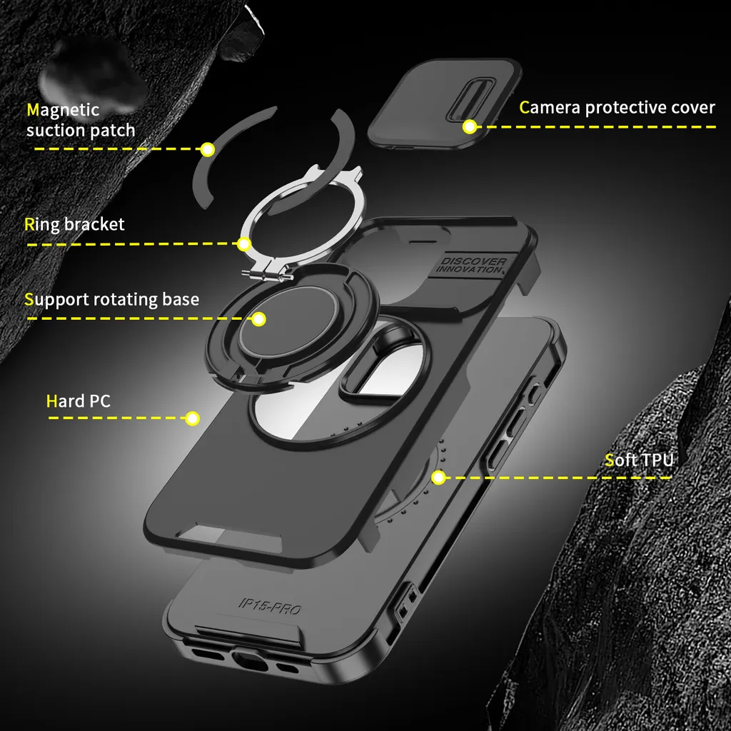 Custodia iPhone 15 Nera con Slide Camera e Anello - Stile Urban - 3