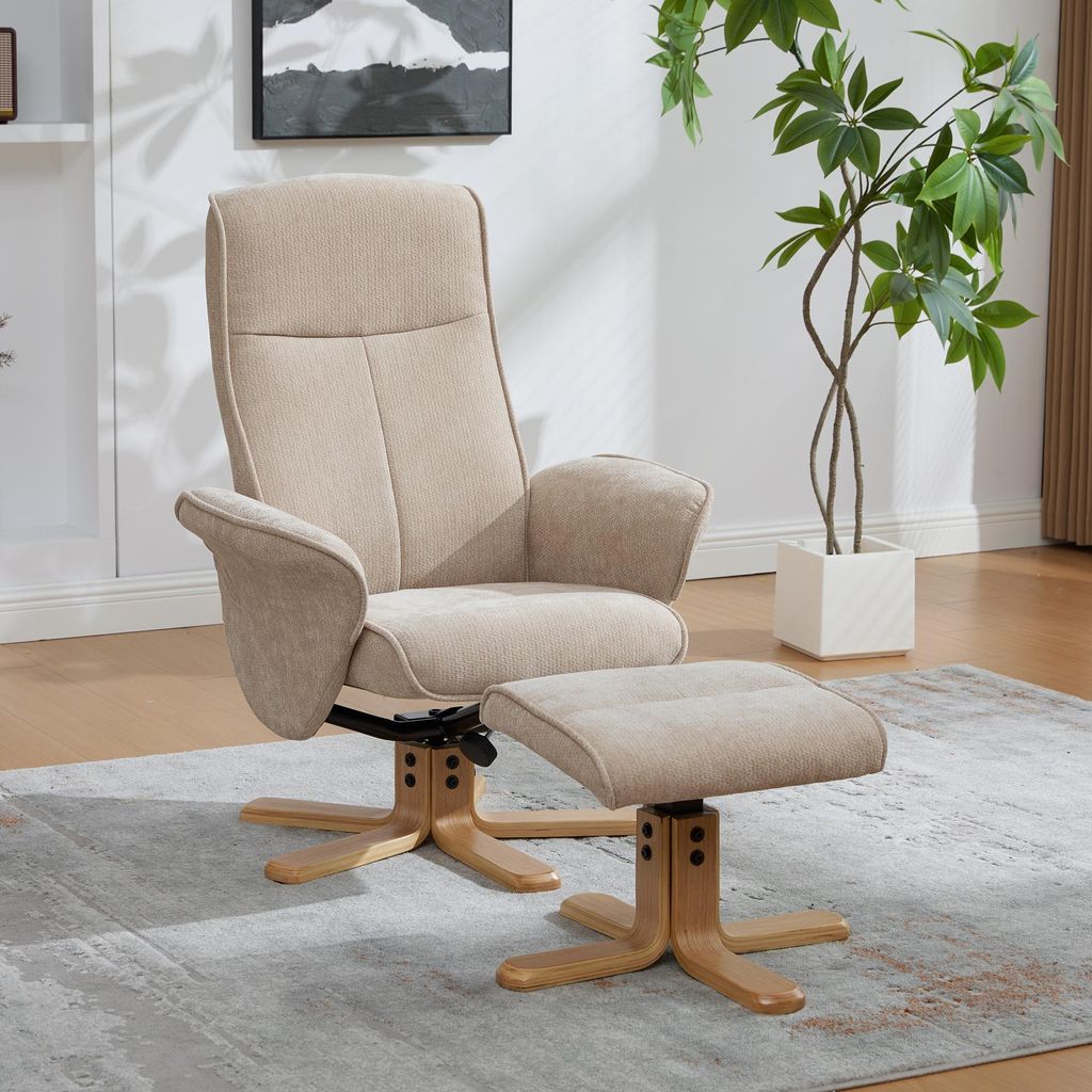 okwish multifunktionaler Drehsessel Relaxsessel mit Hocker und Armlehnen moderner Lesesessel Massivholzsockel mit Metallstütze Chenille-Stoff Geei...
