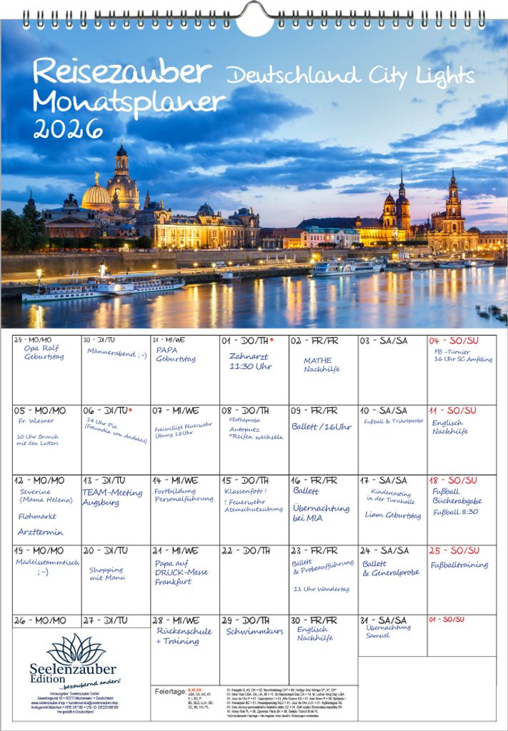 Reisezauber Deutschland City Lights Planer DIN A3 Kalender für 2026 Nächtliche Städte Deutschland - Seelenzauber