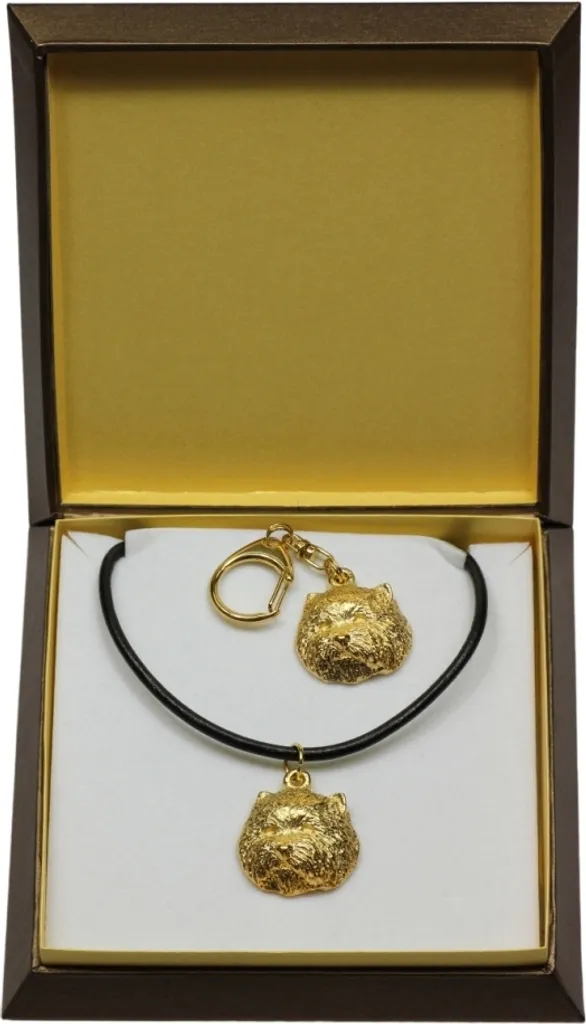 Ensemble luxe Westie avec collier et porte-clés plaqué or de marque Art-Dog