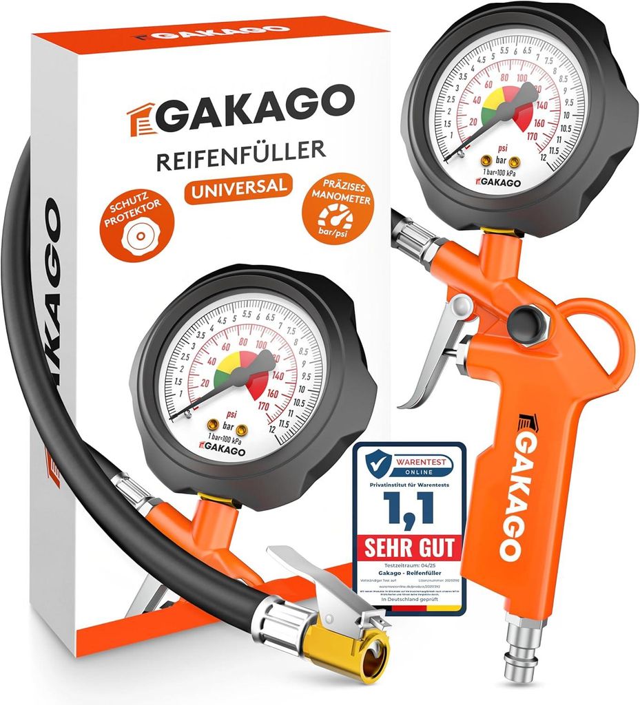 Gakago Reifenfüller Präziser Reifendruckfüller mit hochwertigem 0-12 bar Druckluft Manometer Extra langer 45cm Reifenfüllschlauch Vielseitiger ...