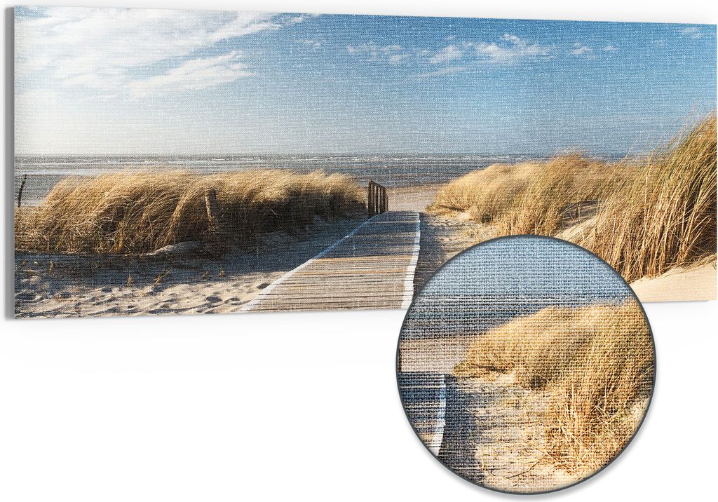 DEQORI Hybrid Leinwand Bild 125x50 cm 'Strandaufgang am Meer' Wandbild Glas flach modern