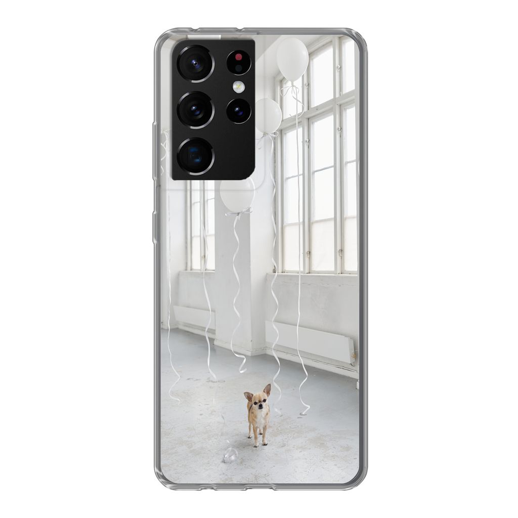 MuchoWow Handyhülle Schutzhülle Hülle für Samsung Galaxy S21 Ultra Hund - Weiß - Luftballon Silikon Softcase Handy Hülle - Mobiltelefon