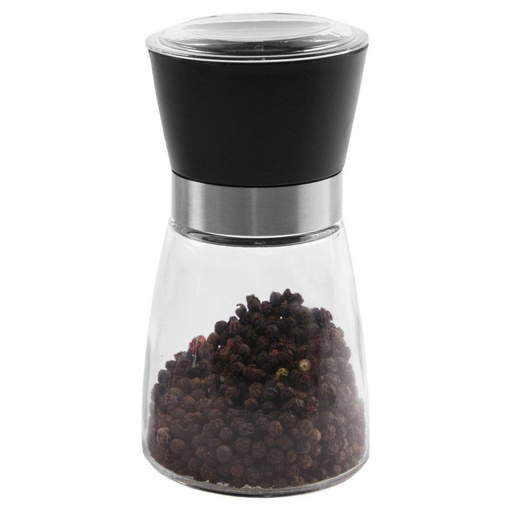 A manual pepper grinder filled with peppercorns, shown against a white background.