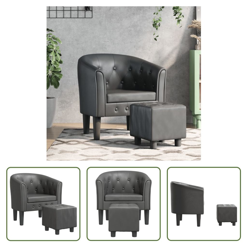 The Living Store Clubsessel mit Fußhocker Grau Kunstleder