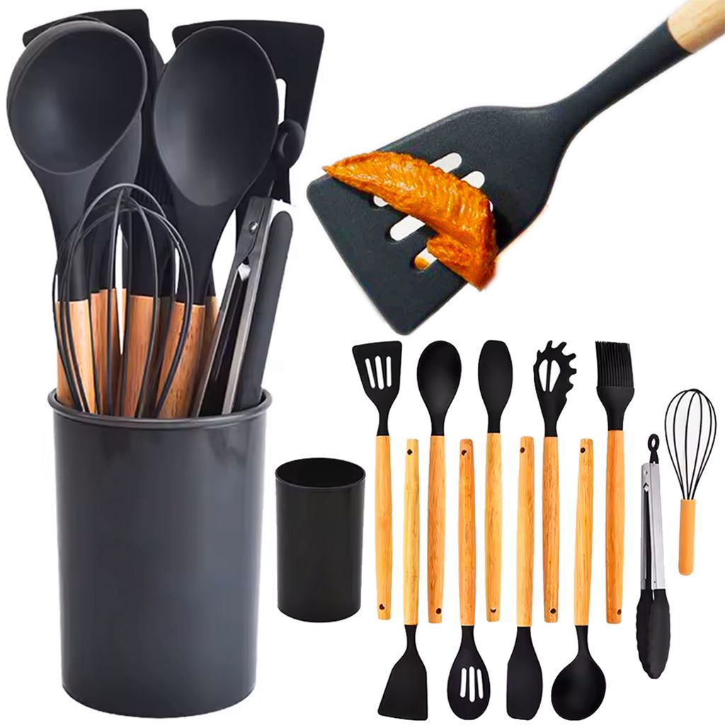 Küchenhelfer Set Silikon mit Holzgriffen Aufbewahrung und Utensilien