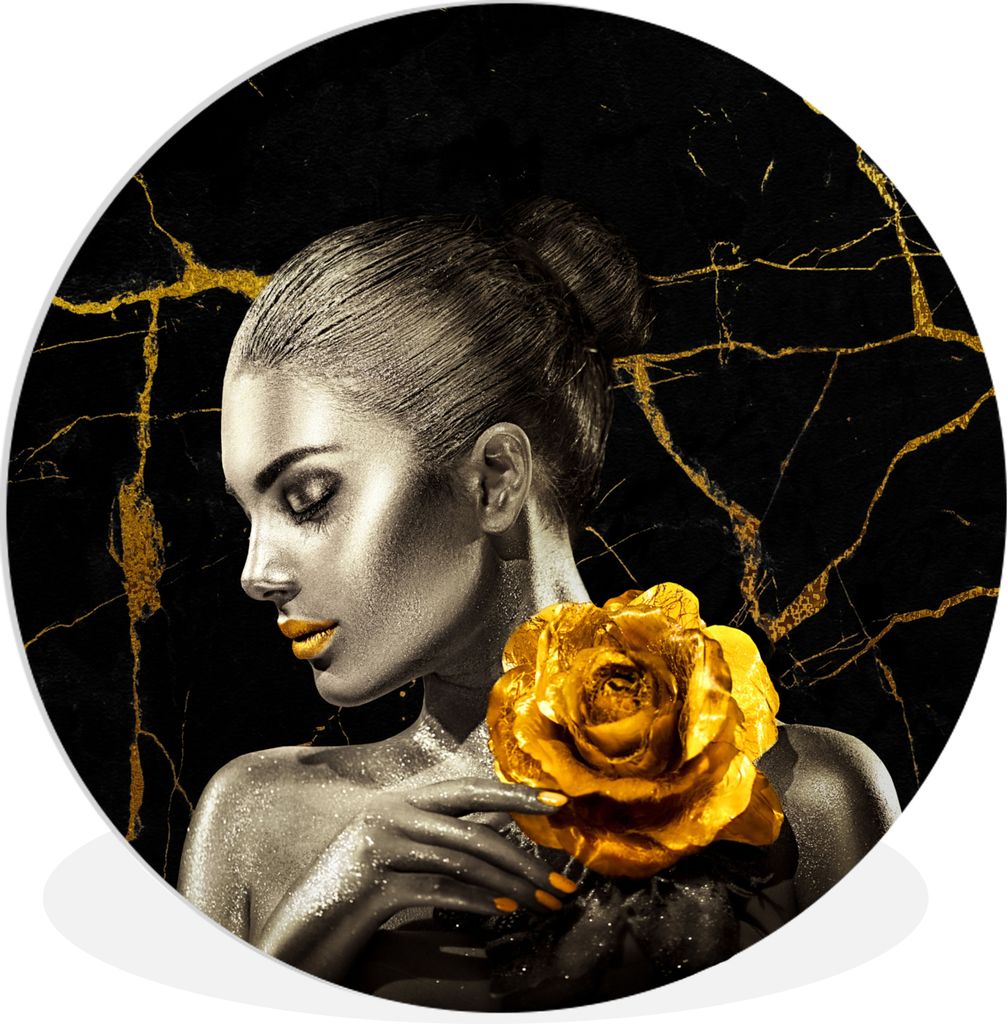 MuchoWow Rundes Wandbild - Runde Bilder Frauen - Rosen - Gold - Marmor Ø 30 cm Kreis Wanddekoration Kunststoff - Wandkreis - Wandschmuck - Schla...