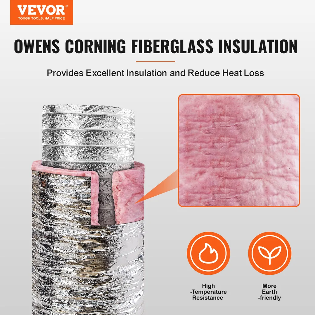VEVOR tubo flessibile in alluminio lungo 7620 mm tubo di ventilazione Φ258 mm tubo flessibile in alluminio condotto d'aria R-6 valore di resistenza termica 25 mm spessore del tubo tubo tubo in alluminio Owens corning isolamento ovatta condotti d'aria - 2