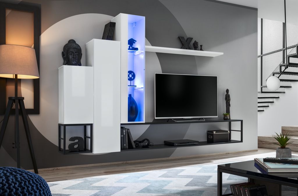 Anbauwand Wohnwand Schrankwand SWITCH M8 mit Hochglanz Push - Click und LED Bel.