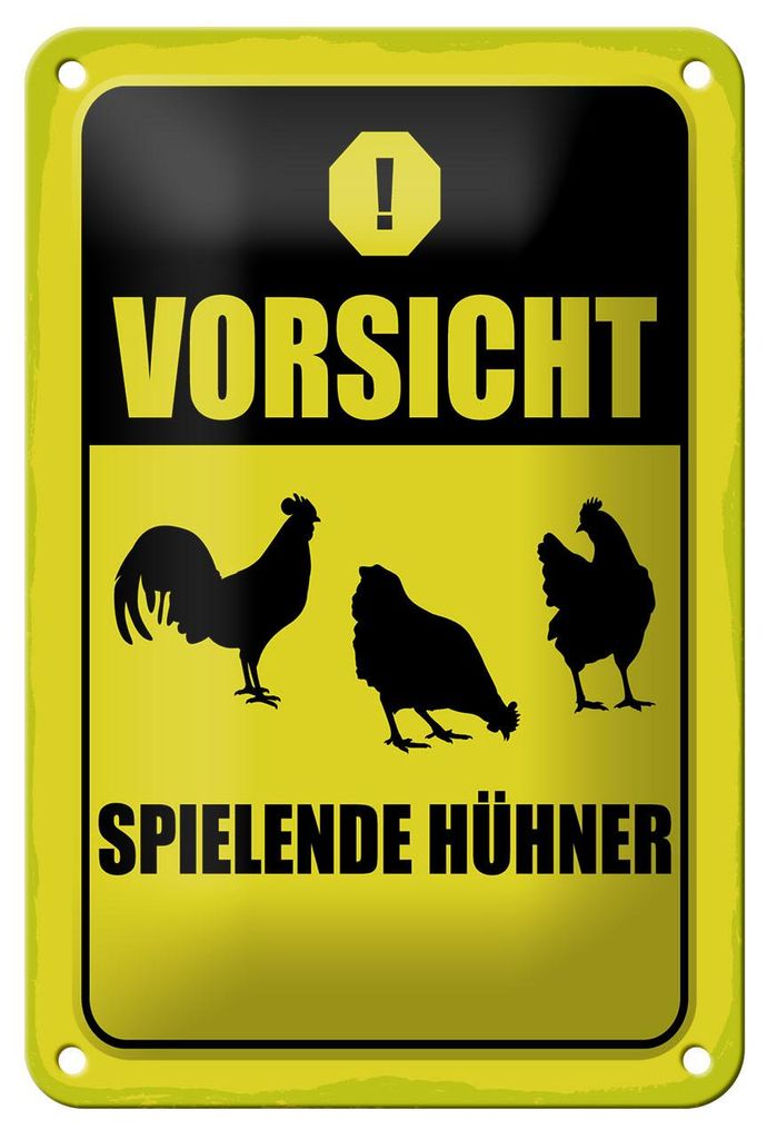 Blechschild Hinweis 12x18 cm Vorsicht spielende Hühner gelbes Deko Schild