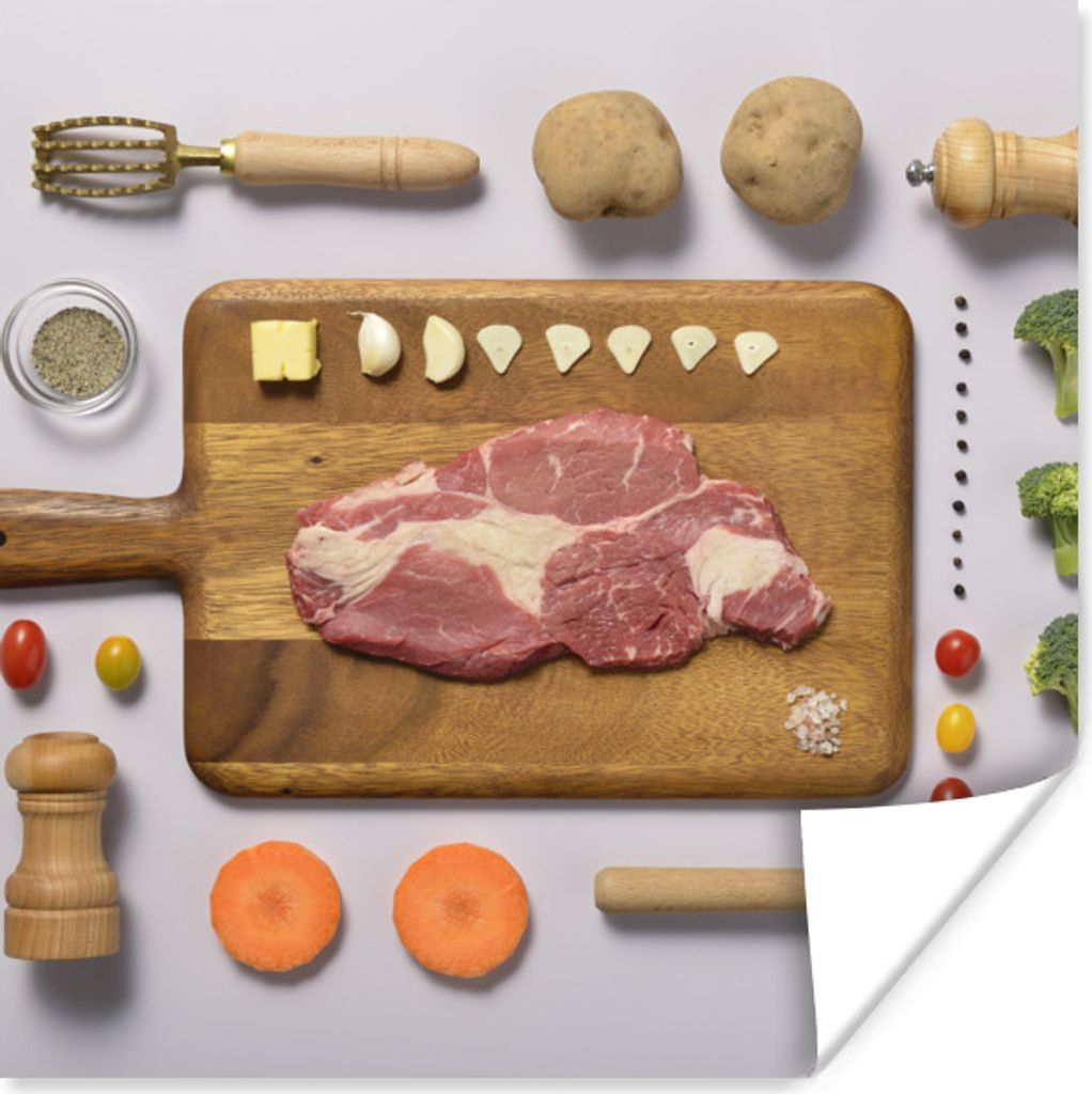 MuchoWow Poster Gegrilltes Rindfleisch auf einem Schneidebrett 75x75 cm - Wand Dekoration