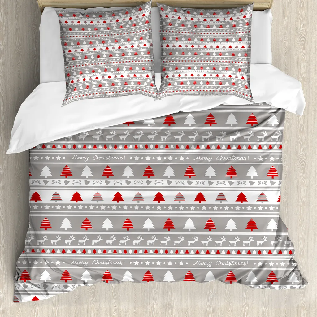 ABAKUHAUS Copripiumino natalizio, bordi con alberi e cervi, antiacaro e anallergico, con federe, 155 cm x 220 cm - 80 x 80 cm, grigio, bianco e rosso