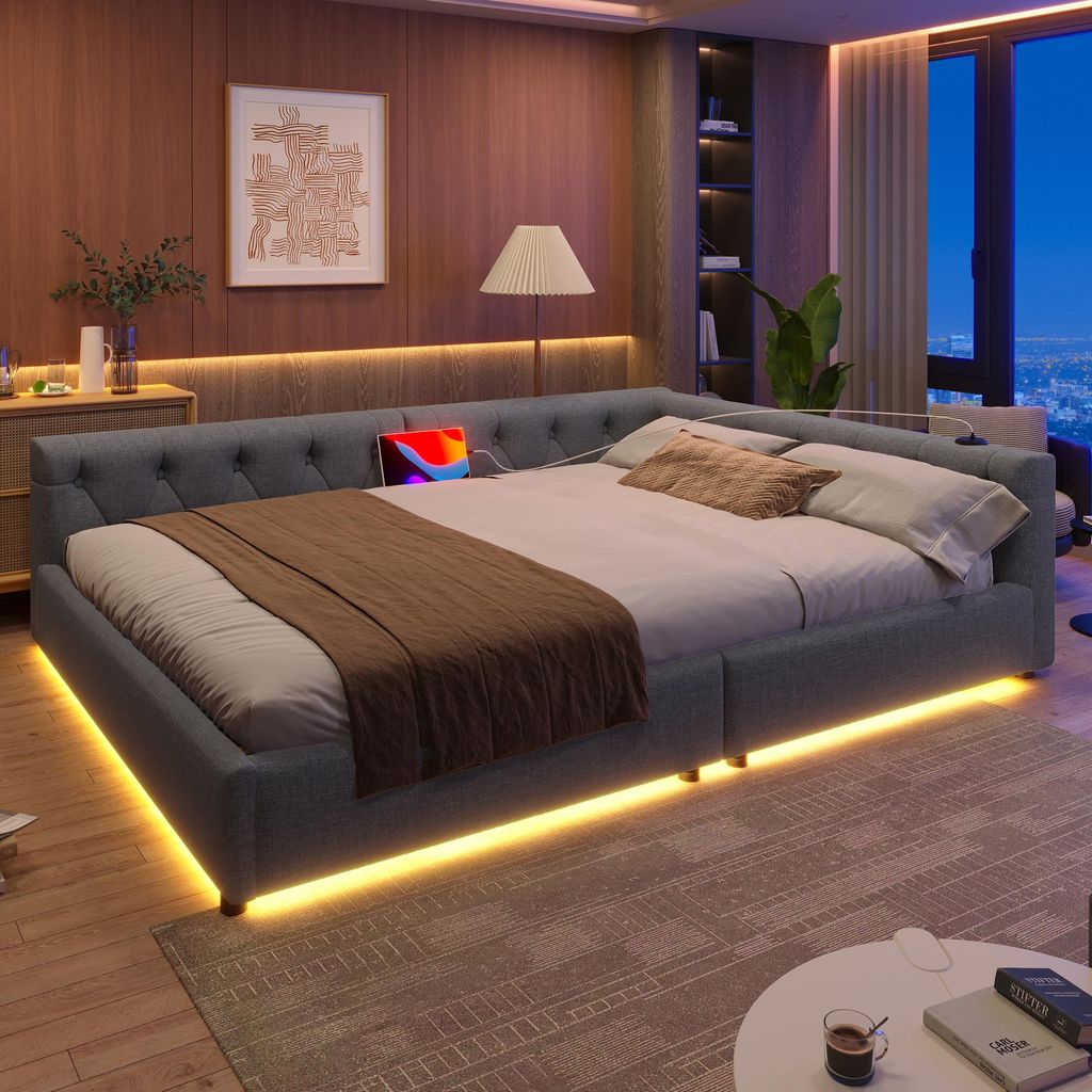 Merax Tagesbett Schlafsofa 140x200 cm, mit LED-Leiste, USB+Typ-C, Knopftuft-Rückenlehne, Lattenrost, Polsterbett, Leinen Daybett, Grau
