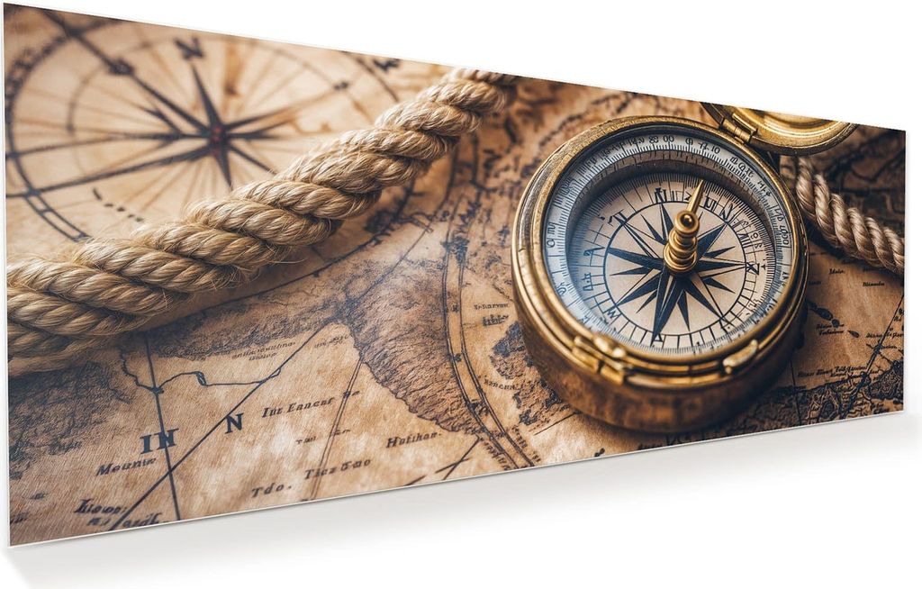 Glasbild 150x60cm in XXL für Wohnzimmer, Schlafzimmer Motiv Kompass auf Karte