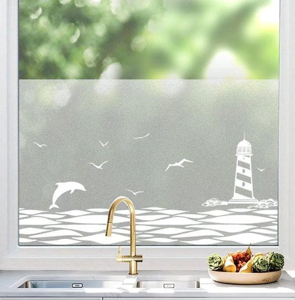 Film adhésif vitrail motif océan 90x200cm - Film Électrostatique Amovible