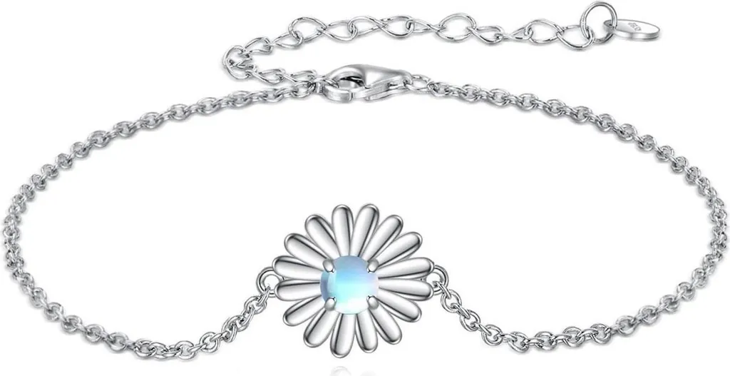 Bracelet Ajustable Femme avec Fleur Pâquerette et Pierre de Lune Bleue