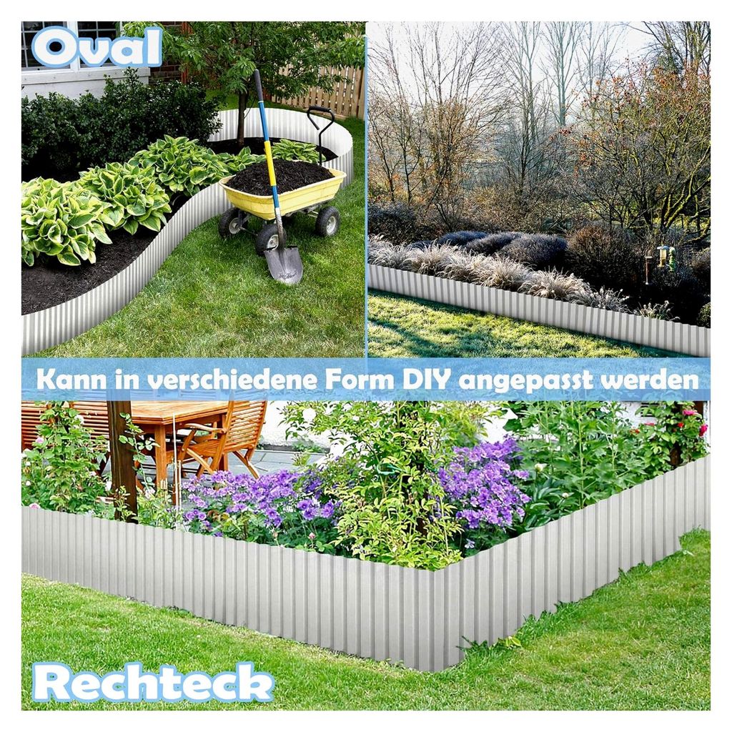 Flexible Rasenkante Beetbegrenzung 10m Länge 18cm Höhe Wellenform Gartenabgrenzung aus verzinktem Metall Beeteinfassung für Rasen Mähkante Blum...