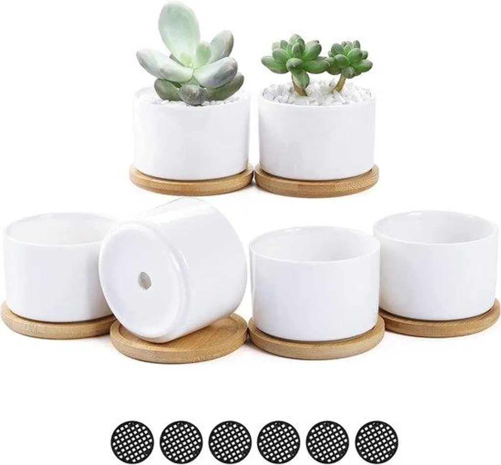 Pots de fleurs en céramique avec plateau bambou - Lot de 6 blancs