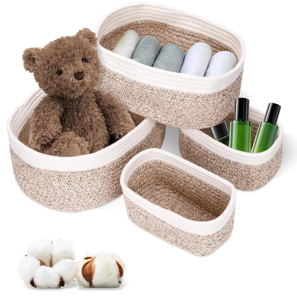 Lot de 4 Paniers de Rangement en Corde de Coton Tressé - Blanc et Gris
