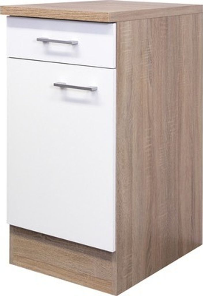 A white and wood cabinet with two drawers, shown from a front-side angle on a white background.