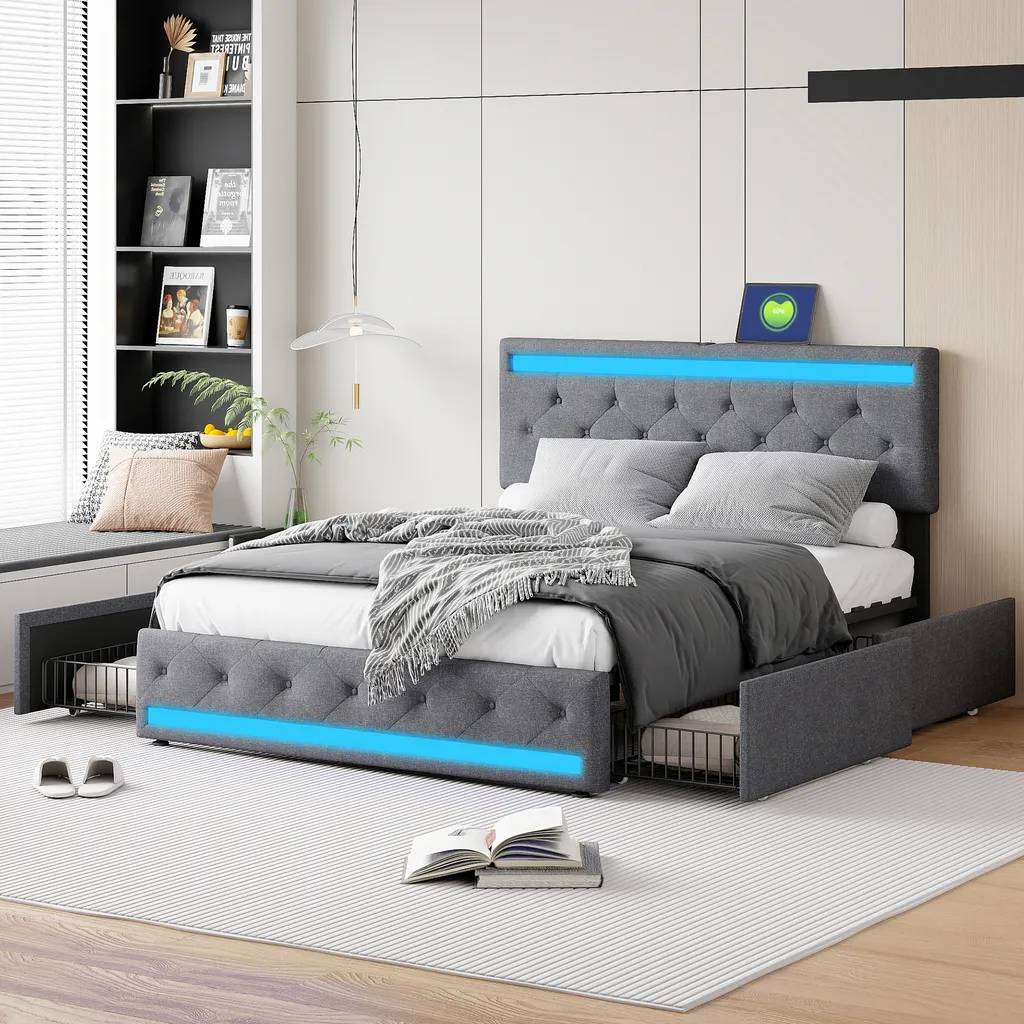 Lit 160x200 moderne avec LED et USB, solution gain de place 4 tiroirs - 10