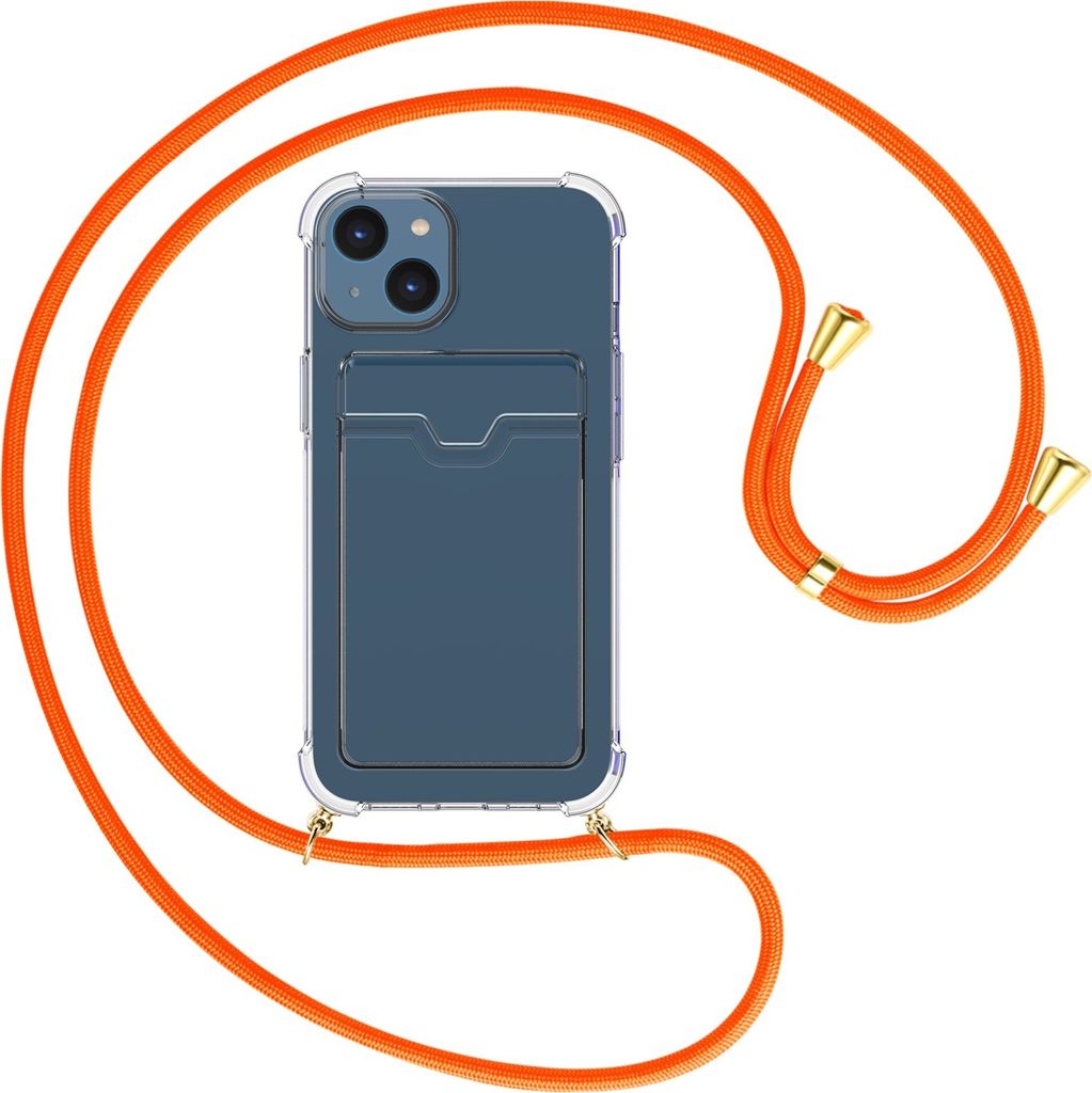 Handykette Backcover-Schutzhülle mit Band (Metall goldfarben) für Apple iPhone 15 - neonorange