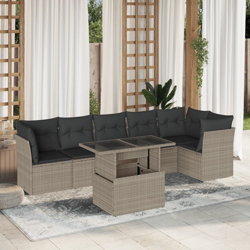 Industrie-Stil 7-tlg. Garten-Sofagarnitur Sofa Set mit Kissen Hellgrau Poly Rattan Terrassenmöbel2024 cloris