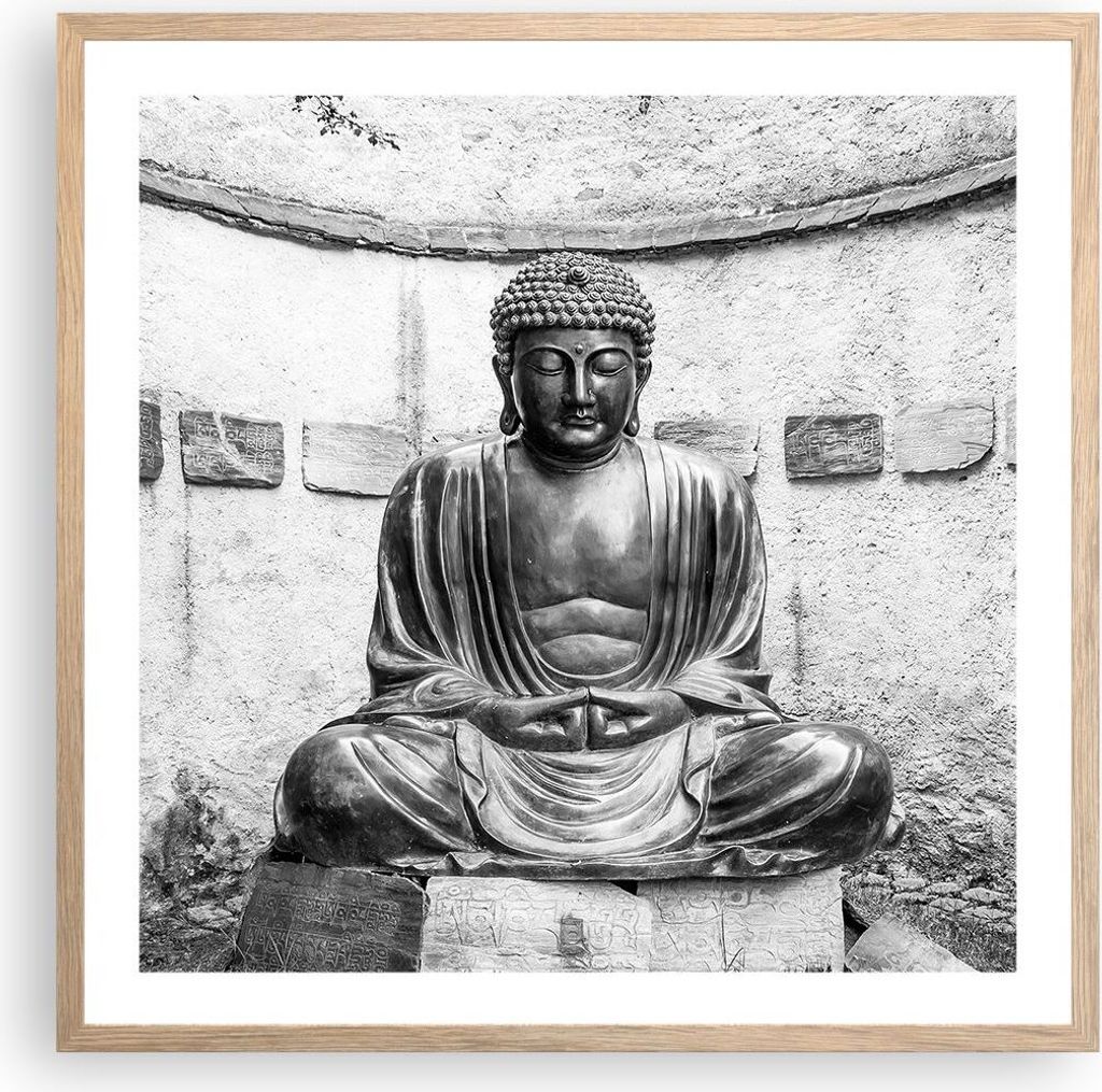 Gerahmtes Poster - Rahmen in heller Eiche - Japanisch Buddha Statue - 60x60 cm - Wand Bild - Wanddeko - Wandbilder - Wandposter - Bilderrahmen - Bi...